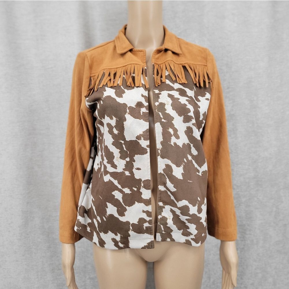 Lucky & Blessed Cow Animal Print Brown and White Fringe Jacket Poly Faux Suede